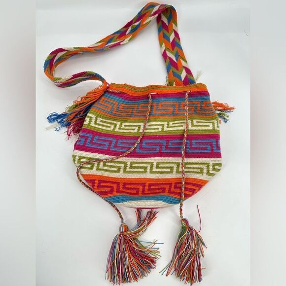 Wayuu Mochila Bag Colombian Neon Multicolor Tassels Boho Bright Crossbody - Picture 1 of 8